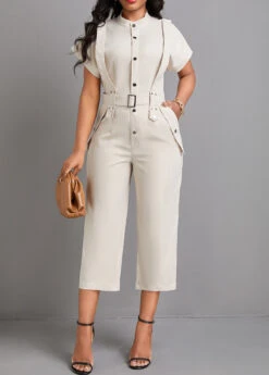 Button Belted Beige Capri Stand Collar Jumpsuit 10 Button Belted Beige Capri Stand Collar Jumpsuit -Rosewe Promotion Store 332085 P 16848058790213