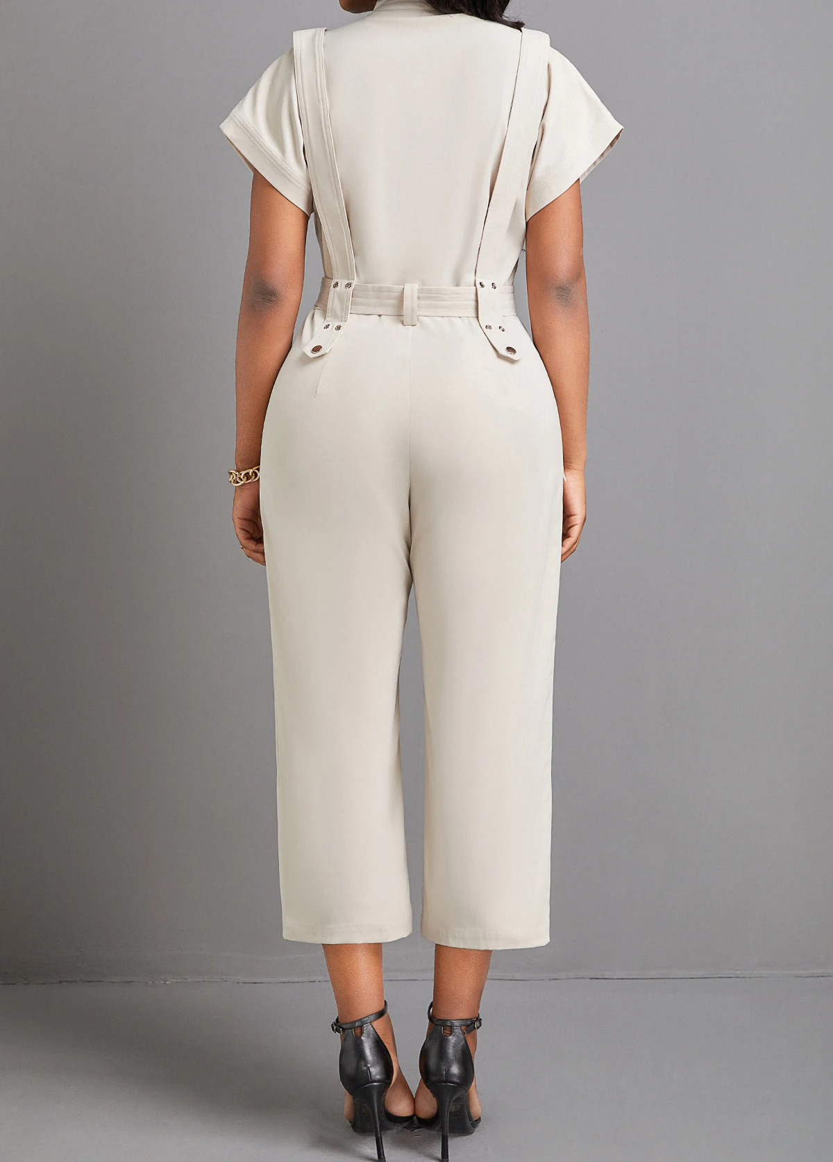 Button Belted Beige Capri Stand Collar Jumpsuit 4 Button Belted Beige Capri Stand Collar Jumpsuit - Image 2