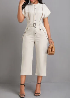 Button Belted Beige Capri Stand Collar Jumpsuit 11 Button Belted Beige Capri Stand Collar Jumpsuit -Rosewe Promotion Store 332085 P 16848058794824