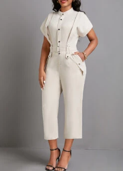 Button Belted Beige Capri Stand Collar Jumpsuit 9 Button Belted Beige Capri Stand Collar Jumpsuit -Rosewe Promotion Store 332085 P 16848058799152