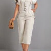 Button Belted Beige Capri Stand Collar Jumpsuit