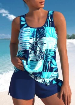 Plus Size High Waisted Cyan Tankini Set