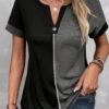 Button Deytail Dark Grey Marl Split Neck T Shirt