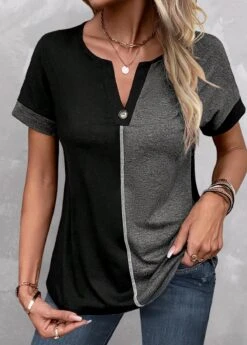 Button Deytail Dark Grey Marl Split Neck T Shirt