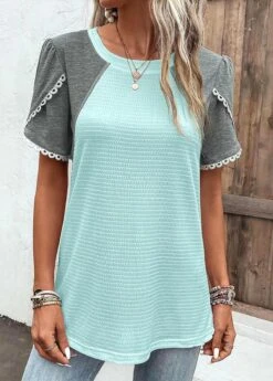 Patchwork Round Neck Light Blue T Shirt -Rosewe Promotion Store 332146 P 16823021600992
