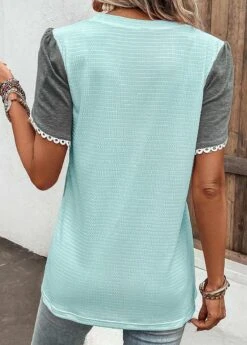 Patchwork Round Neck Light Blue T Shirt -Rosewe Promotion Store 332146 P 16823021601261