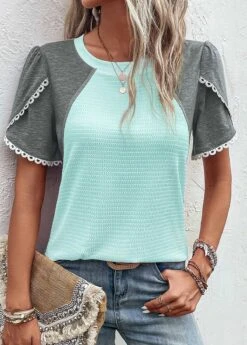 Patchwork Round Neck Light Blue T Shirt -Rosewe Promotion Store 332146 P 16823021603544