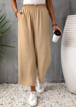 High Waisted Pocket Light Camel Elastic Waist Pants -Rosewe Promotion Store 332192 P 16835452840554