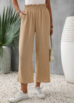 High Waisted Pocket Light Camel Elastic Waist Pants