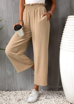 High Waisted Pocket Light Camel Elastic Waist Pants -Rosewe Promotion Store 332192 P 16835452849183