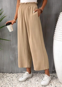 High Waisted Pocket Light Camel Elastic Waist Pants -Rosewe Promotion Store 332192 P 16835452849732
