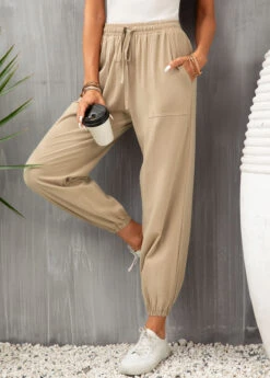 Light Camel Drawastring High Waisted Pocket Jogger Pants -Rosewe Promotion Store 332194 P 16837179817352