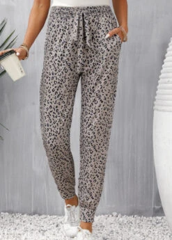 Leopard Pocket Light Camel Jogger Elastic Waist Pants -Rosewe Promotion Store 332196 P 16843763801513