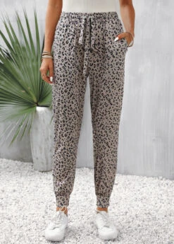 Leopard Pocket Light Camel Jogger Elastic Waist Pants