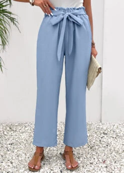 Pocket Elastic Waist High Waisted Dusty Blue Pants -Rosewe Promotion Store 332197 P 16838871184814