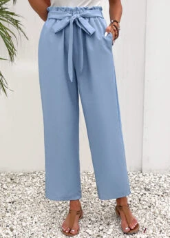 Pocket Elastic Waist High Waisted Dusty Blue Pants -Rosewe Promotion Store 332197 P 16838871186583
