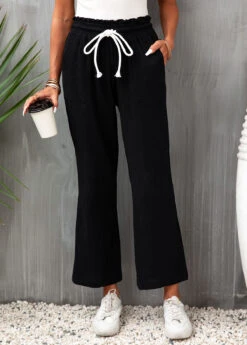 Pocket Flare Leg Elastic Waist Black Pants -Rosewe Promotion Store 332198 P 16841474032873