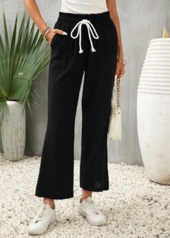 Pocket Flare Leg Elastic Waist Black Pants