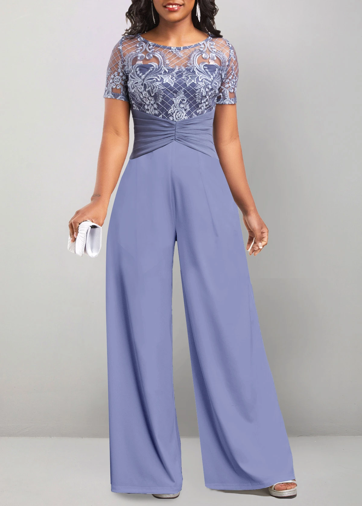 Round Neck Lace Dusty Blue Long Jumpsuit 5 Round Neck Lace Dusty Blue Long Jumpsuit - Image 3