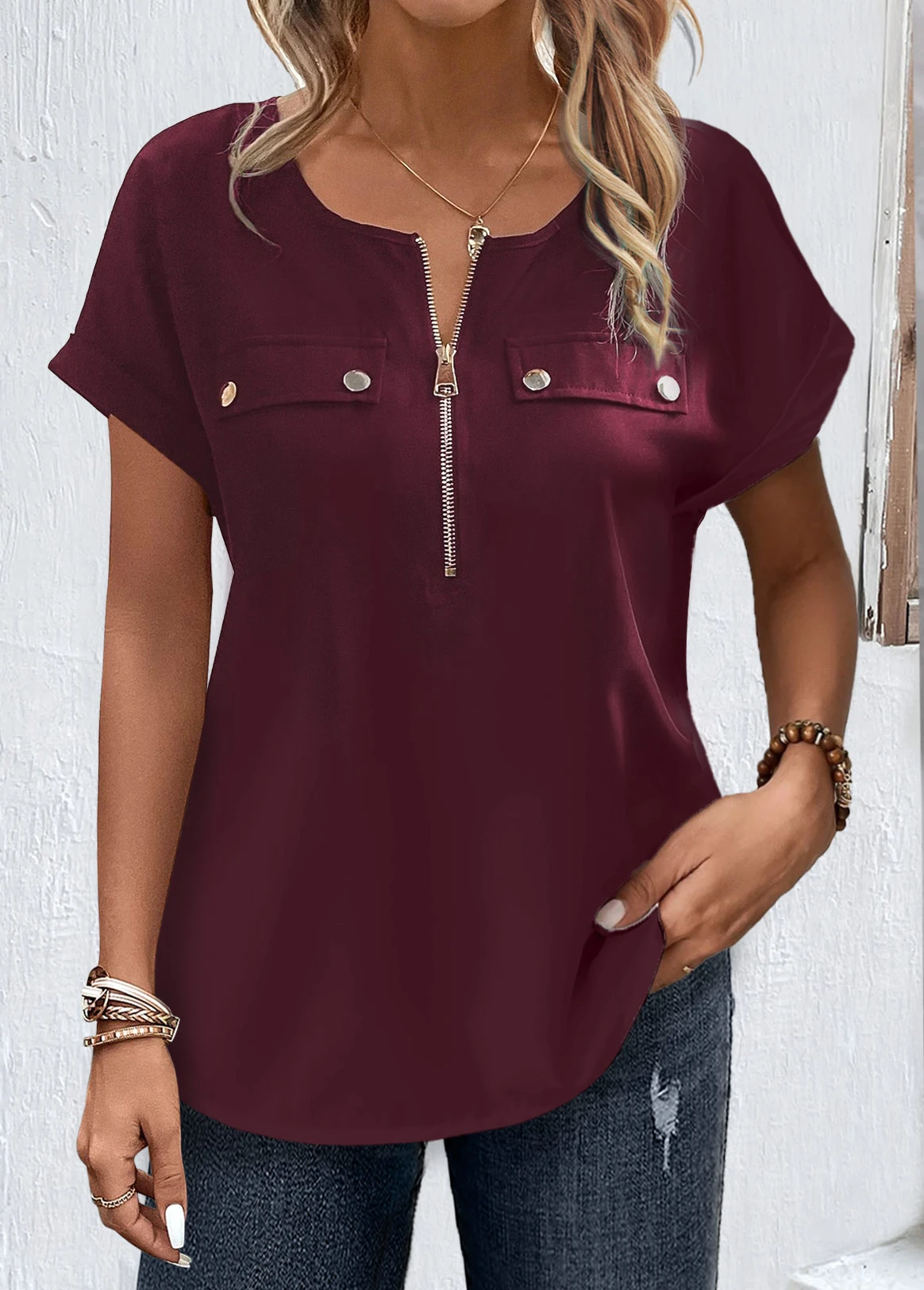 Plus Size Dark Reddish Purple Zipper Blouse 3 Plus Size Dark Reddish Purple Zipper Blouse