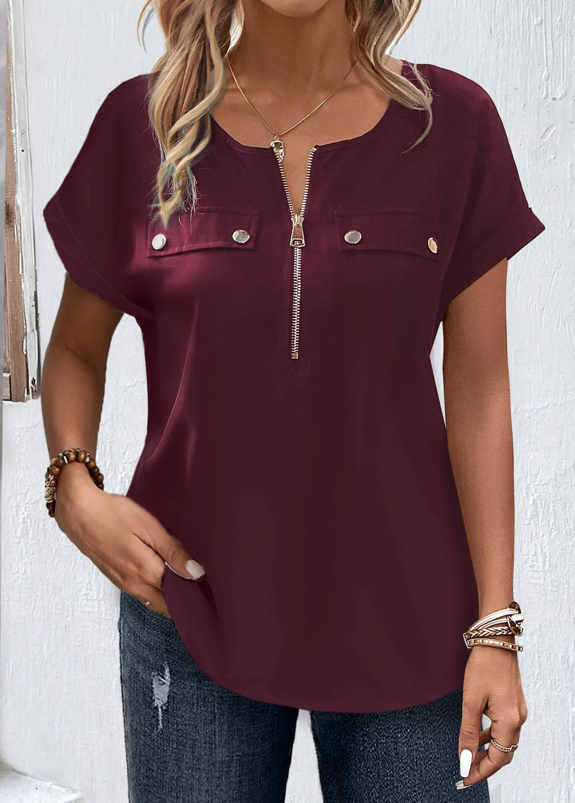 Plus Size Dark Reddish Purple Zipper Blouse 5 Plus Size Dark Reddish Purple Zipper Blouse - Image 3