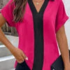 Plus Size Hot Pink Patchwork Short Sleeve Blouse -Rosewe Promotion Store 332250 P 1681993578191
