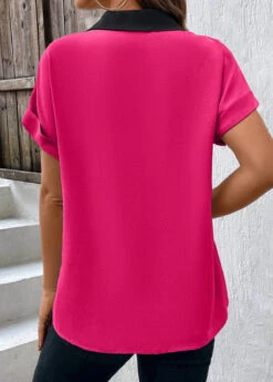 Hot Pink V Neck Short Sleeve Patchwork Blouse 6 Hot Pink V Neck Short Sleeve Patchwork Blouse -Rosewe Promotion Store 332250 P 1681993578417 1