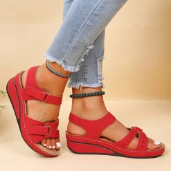 Red Velcro Peep Toe Mid Heel Sandals