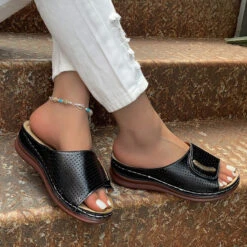 Black Mid Heel Open Toe Sliders