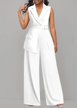 Asymmetry Sleeveless White Long Lapel Jumpsuit