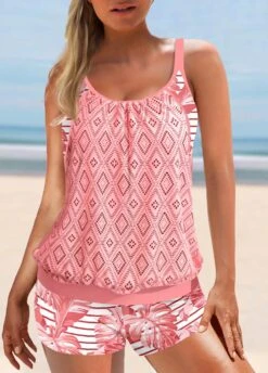 Pink Tropical Plants Print Lace Tankini Set -Rosewe Promotion Store 332386 P 1683507934514