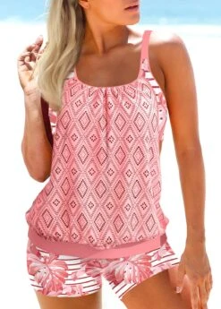 Pink Tropical Plants Print Lace Tankini Set