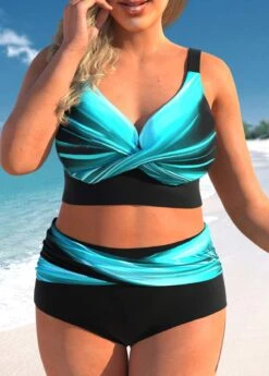 High Waisted Cyan Plus Size Ombre Bikini Set