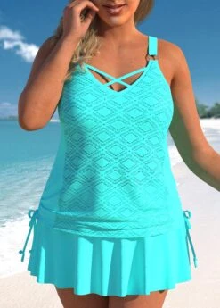 Mid Waisted Cyan Plus Size Circular Ring Tankini Set