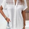 Short Sleeve Patchwork White Split Neck Blouse -Rosewe Promotion Store 332527 P 1682238503666