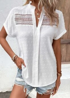 Short Sleeve Patchwork White Split Neck Blouse