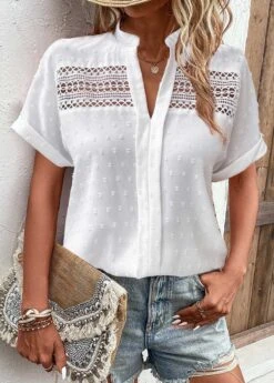 Short Sleeve Patchwork White Split Neck Blouse -Rosewe Promotion Store 332527 P 1682238504072