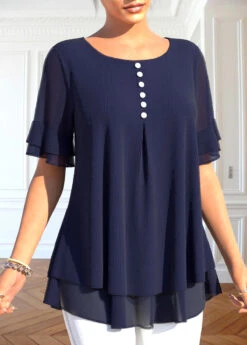 Round Neck Layered Navy Short Sleeve T Shirt -Rosewe Promotion Store 332536 P 1682228114060