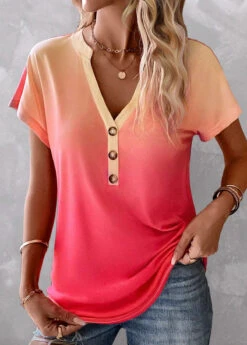 Plus Size Peach Red Button Ombre T Shirt