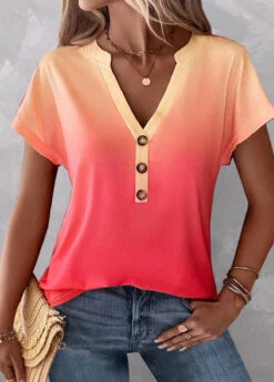 Plus Size Peach Red Button Ombre T Shirt -Rosewe Promotion Store 332556 P 1682236457745