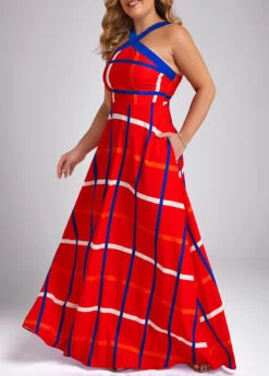 Red Plus Size Pocket Plaid Sleeveless Maxi Dress -Rosewe Promotion Store 332571 P 16859655296662