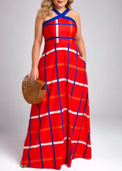Red Plus Size Pocket Plaid Sleeveless Maxi Dress -Rosewe Promotion Store 332571 P 16859655299920