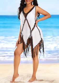 Mesh Tassel Patchwork White Cover Up -Rosewe Promotion Store 332573 P 16842364745363