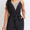 Patchwork Belted Black Short V Neck Sleeveless Romper