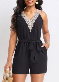 Patchwork Belted Black Short V Neck Sleeveless Romper