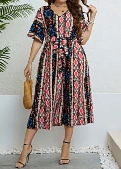 Multi Color Plus Size Tie Belted Dress