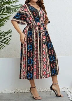 Multi Color Plus Size Tie Belted Dress -Rosewe Promotion Store 332614 P 1684215502705
