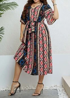 Multi Color Plus Size Tie Belted Dress -Rosewe Promotion Store 332614 P 1684215503426