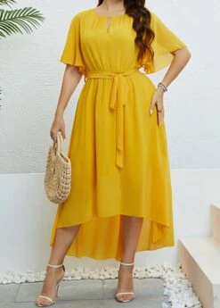 Yellow Plus Size Button Belted High Low Dress