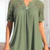 Short Sleeve Patchwork Sage Green Split Neck Blouse -Rosewe Promotion Store 332621 P 1683369456148